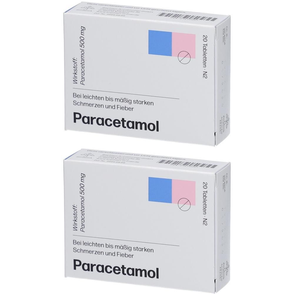 Zwei Packungen Paracetamol 500 mg Tabletten, jeweils 20 Stück.