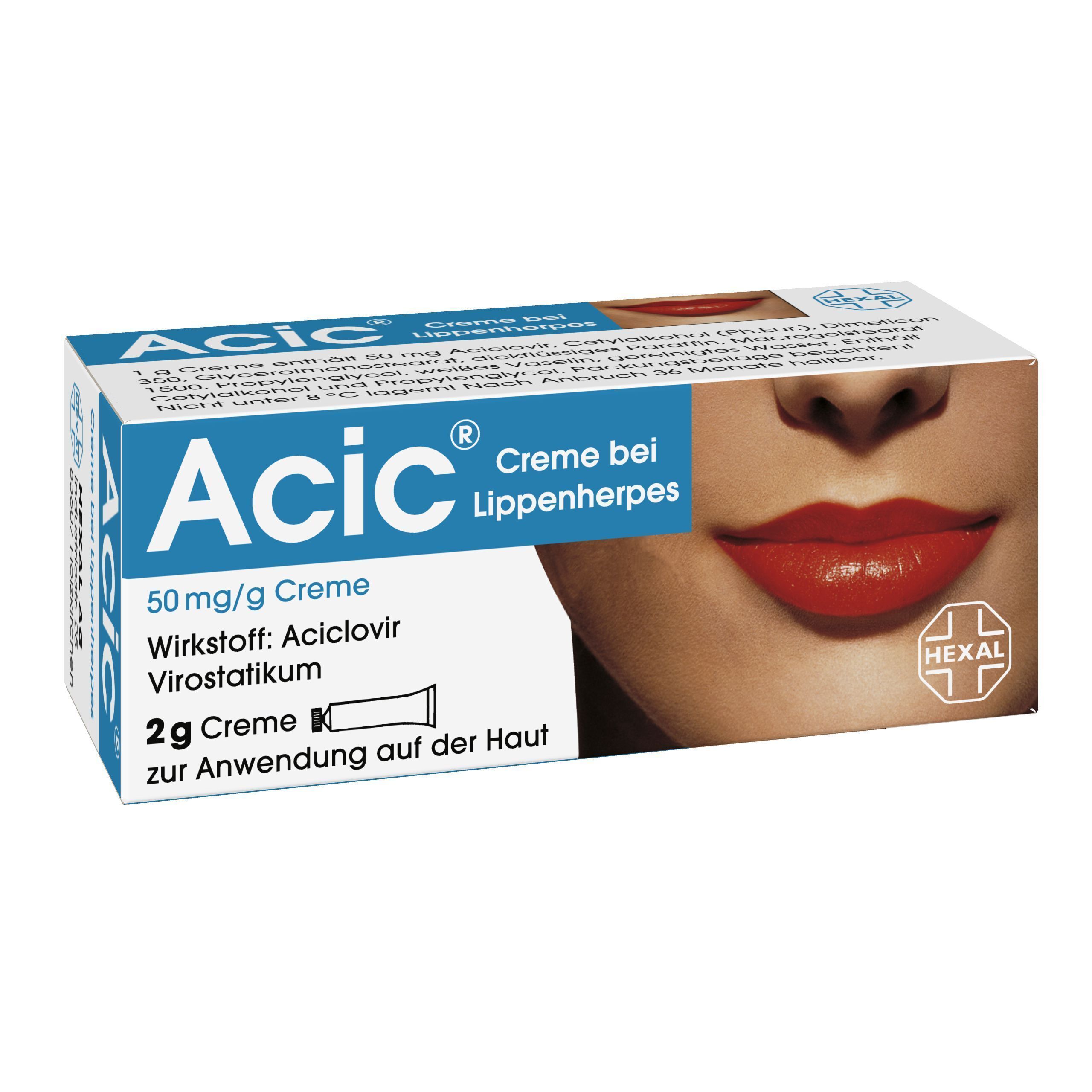 Acic Creme bei Lippenherpes Verpackung mit Lippenmotiv und Hexal Logo.