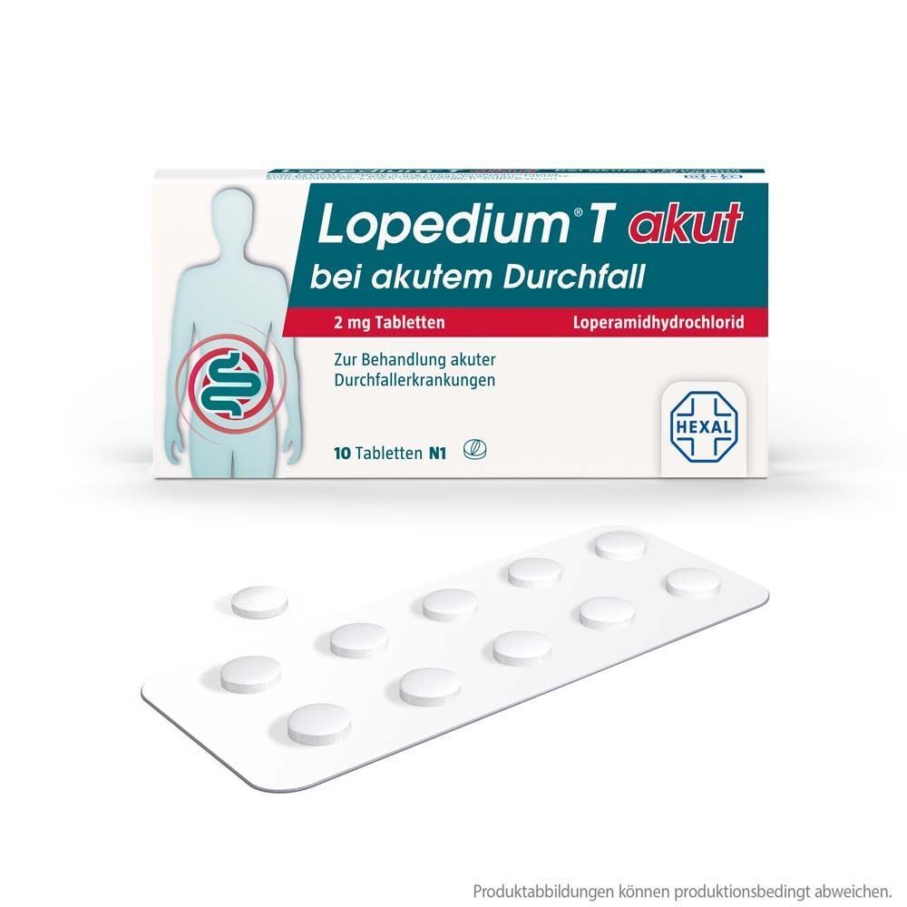 Lopedium® T akut 2 mg Tabletten Packung und Blisterpackung mit 10 Tabletten.