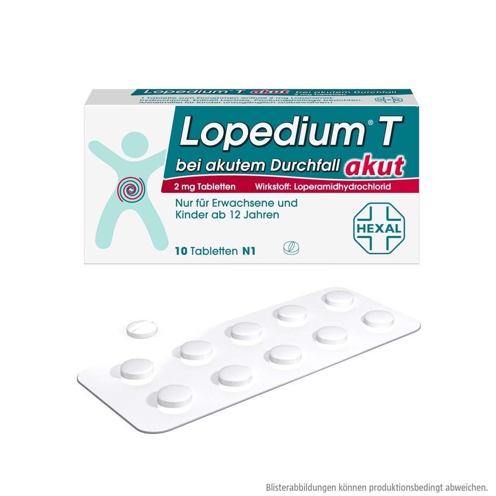 Lopedium® T akut 2 mg Tabletten Packung und Blisterpackung mit 10 Tabletten.