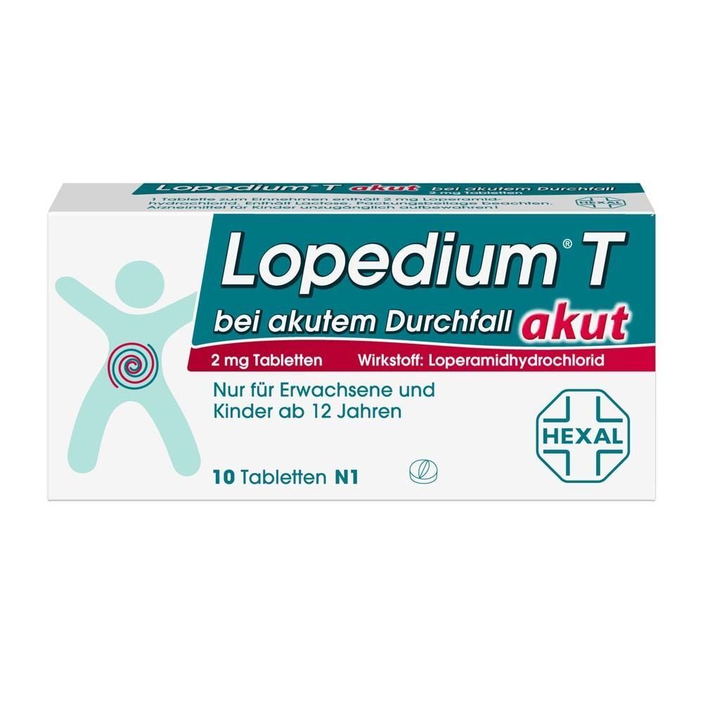 Lopedium® T akut 2 mg Tabletten Packung mit 10 Tabletten für Personen ab 12 Jahren.