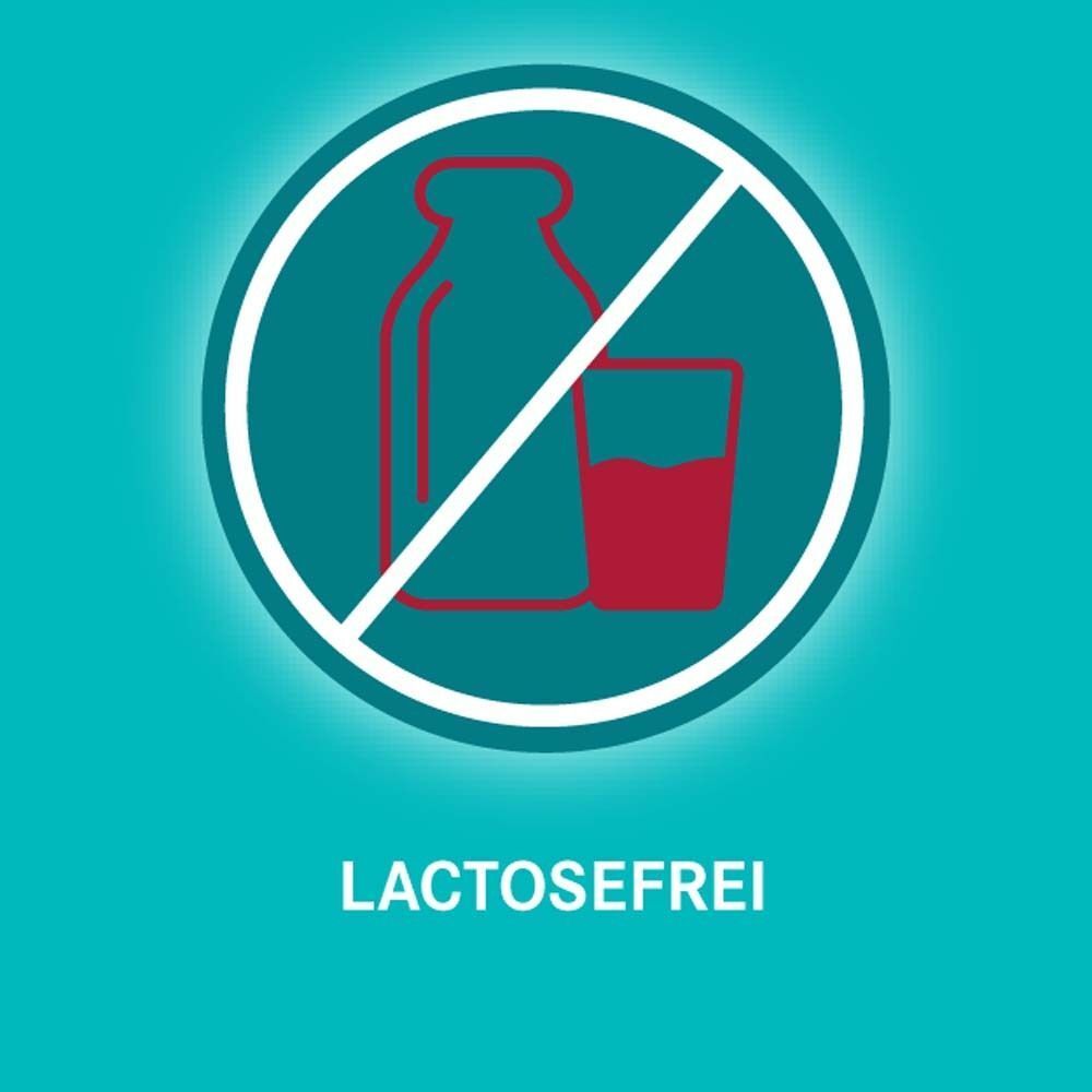 Symbol: Flasche und Glas mit durchgestrichenem Kreis. Laktosefrei.