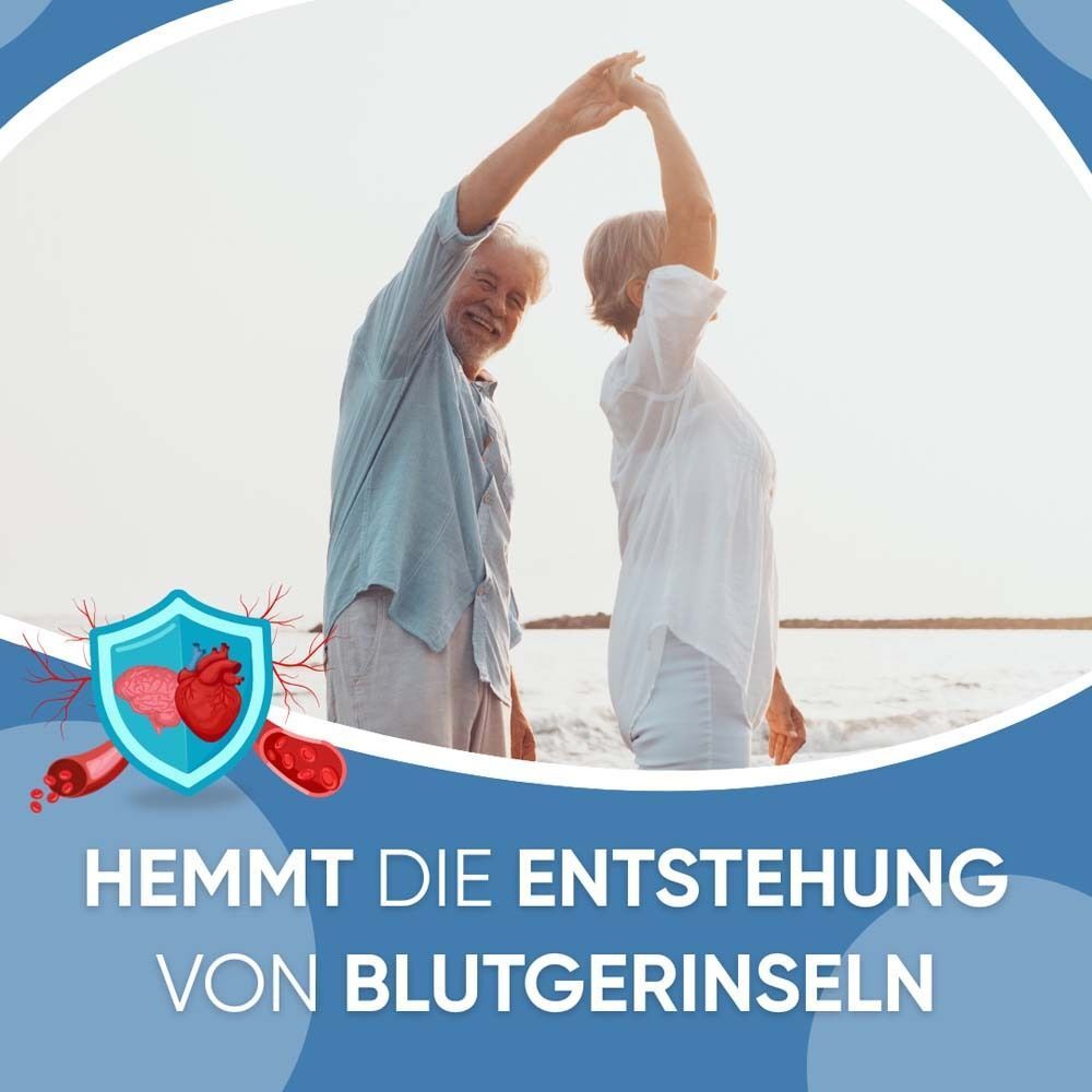 Älteres Paar tanzt am Strand, Herzsymbol mit Blutgefäßen daneben. "Hemmt die Entstehung von Blutgerinnseln".