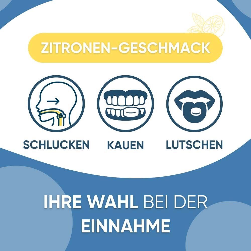 Zitronengeschmack. Symbole für Schlucken, Kauen und Lutschen von Tabletten. "Ihre Wahl bei der Einnahme".