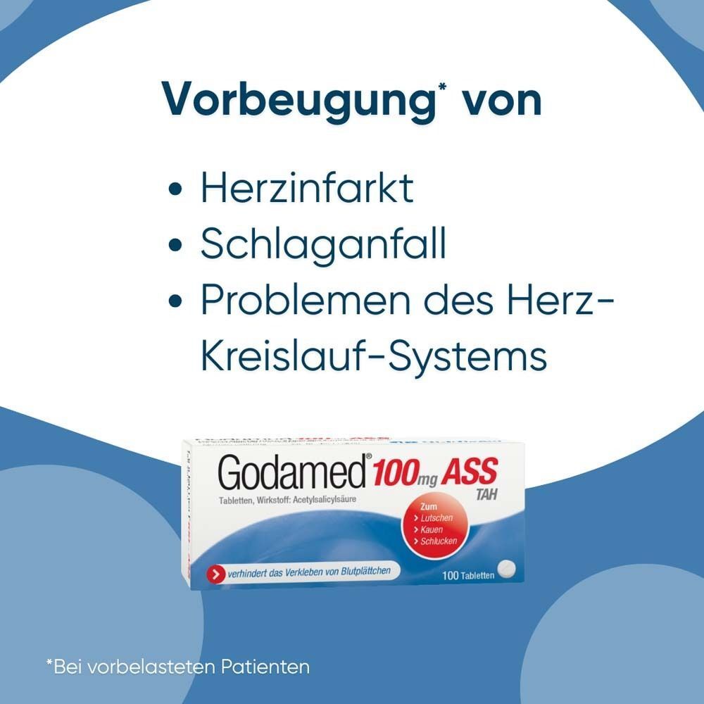 Auflistung von Vorbeugungen: Herzinfarkt, Schlaganfall, Kreislaufprobleme. Packung Godamed 100 mg ASS TAH.
