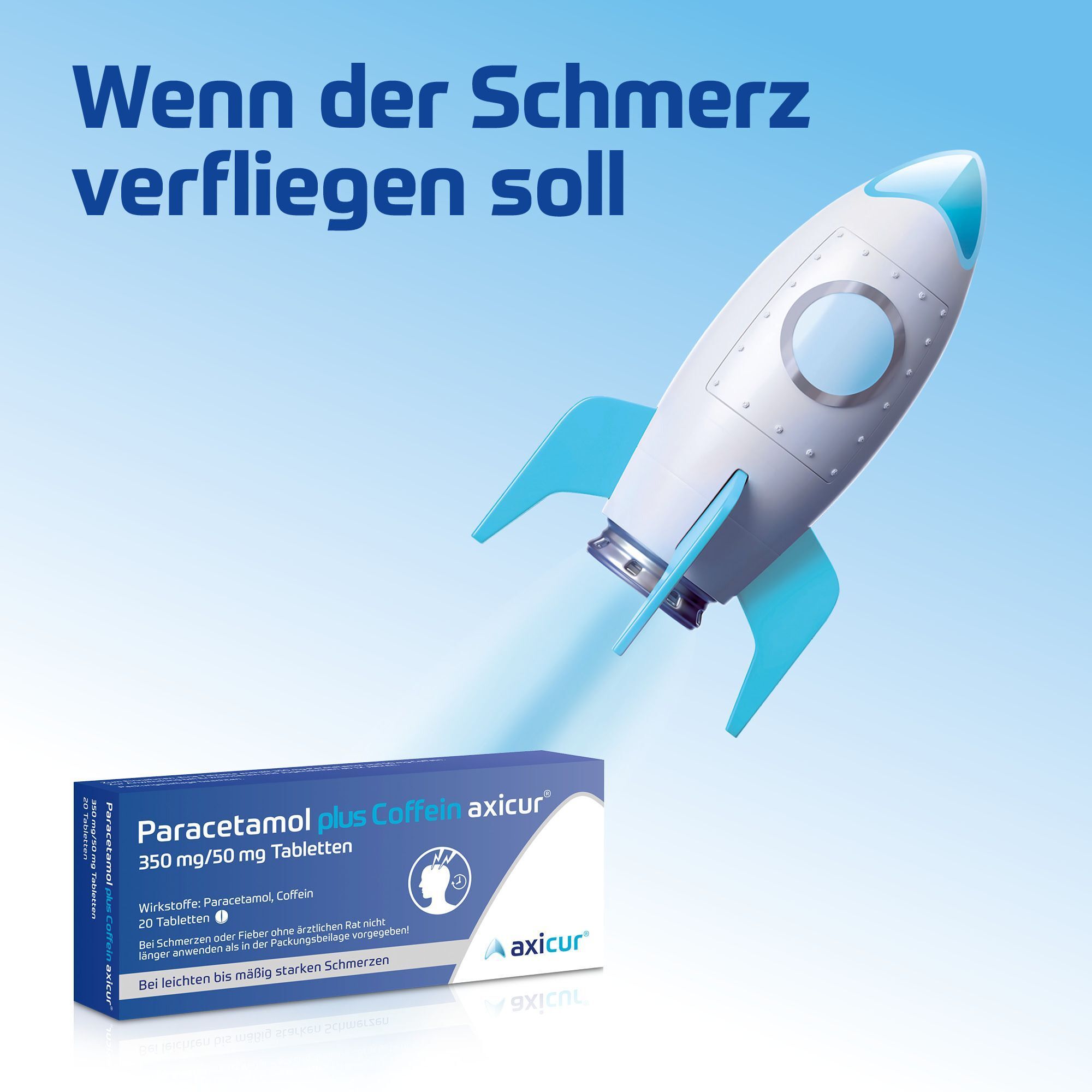 Packung Paracetamol plus Coffein axicur 350 mg/50 mg Tabletten fliegt in einer Rakete.
