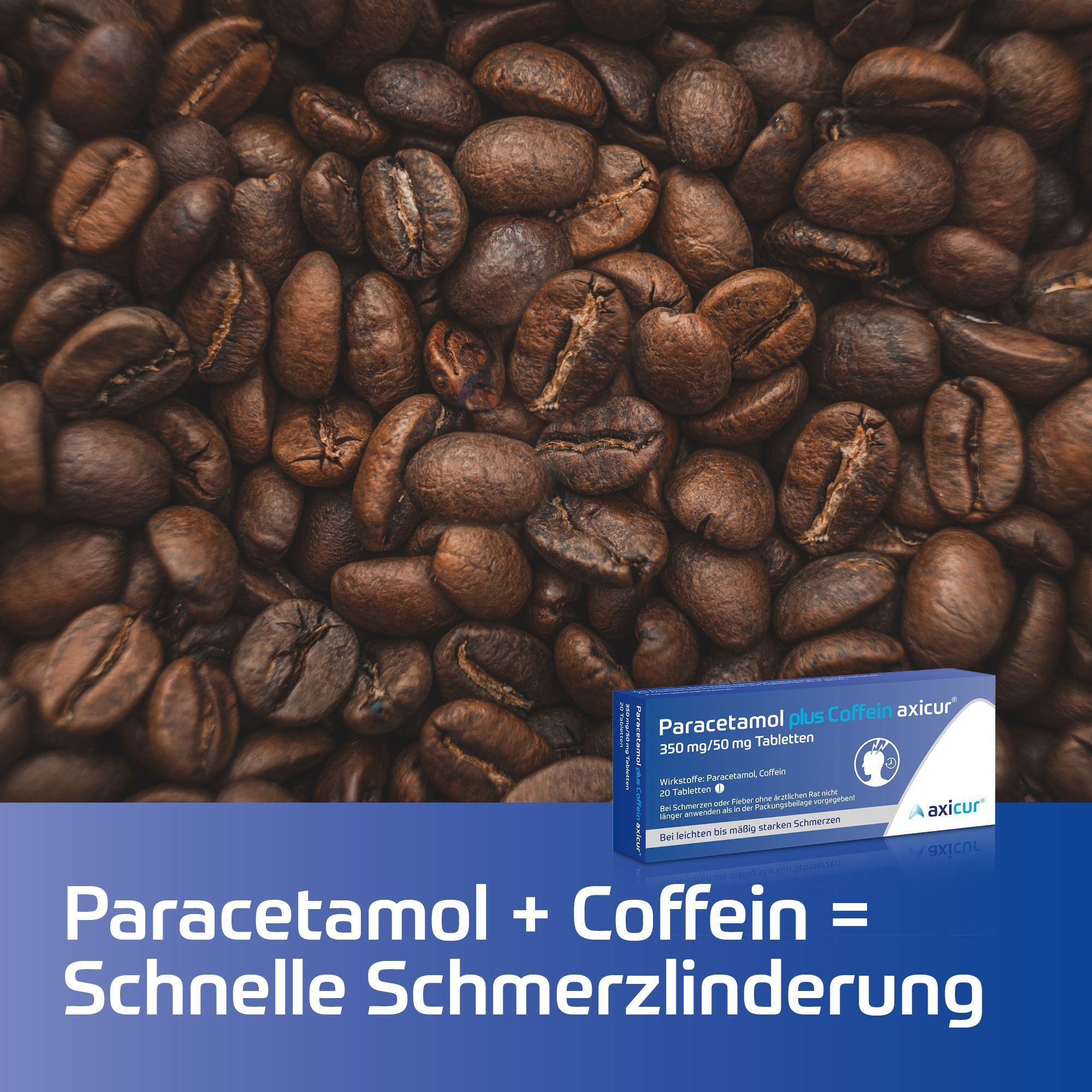Packung Paracetamol plus Coffein axicur 350 mg/50 mg Tabletten neben Kaffeebohnen.