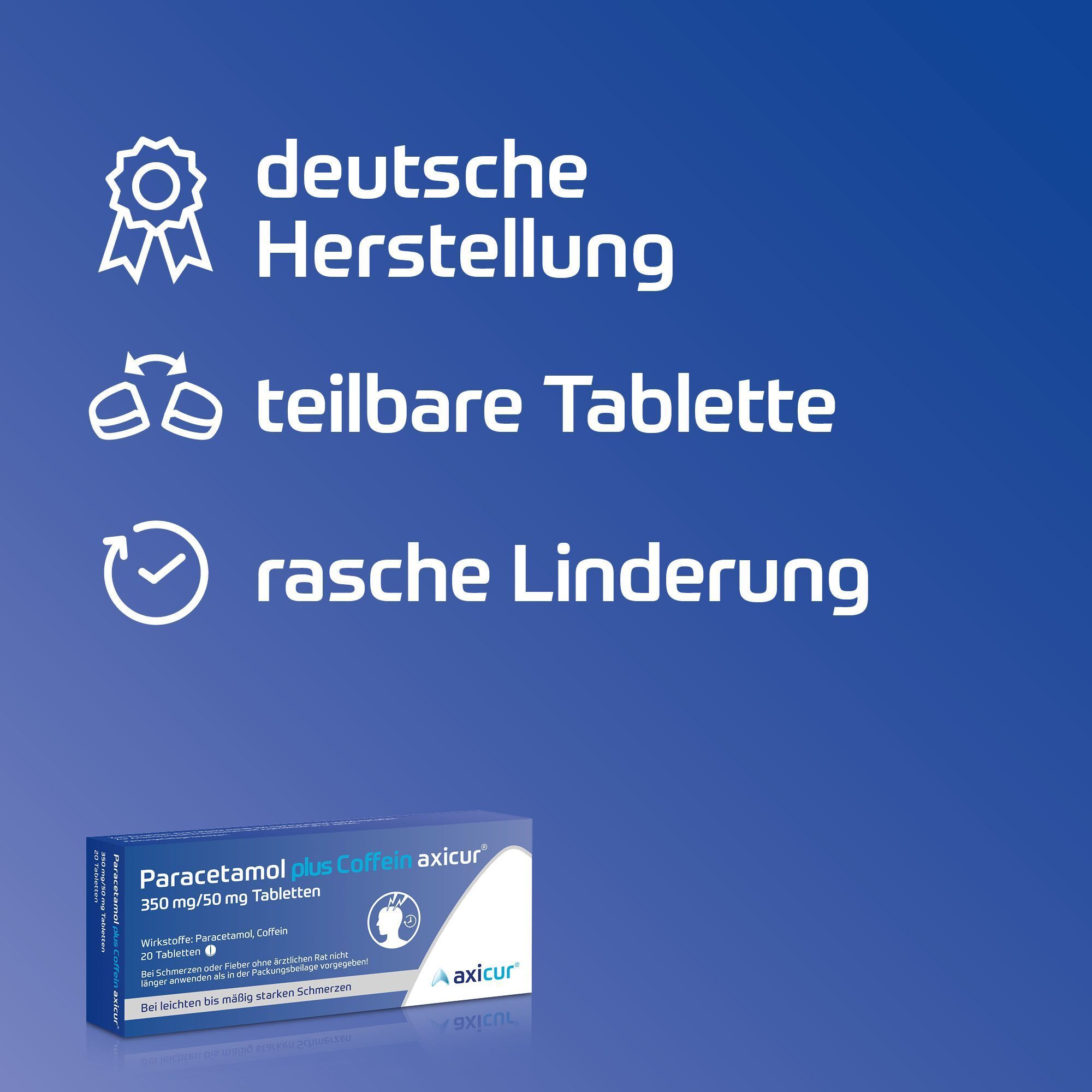 Packung Paracetamol plus Coffein axicur 350 mg/50 mg Tabletten: Deutsche Herstellung, teilbar, rasche Linderung.