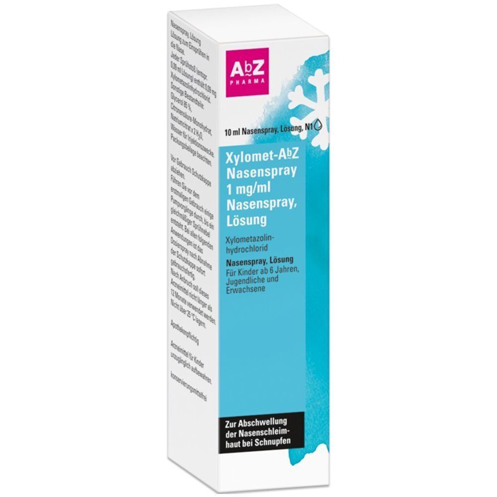 Eine Packung Xylomet-AbZ Nasenspray 1mg/ml, 10ml. Blaue und weiße Verpackung mit Schneeflocken-Design.