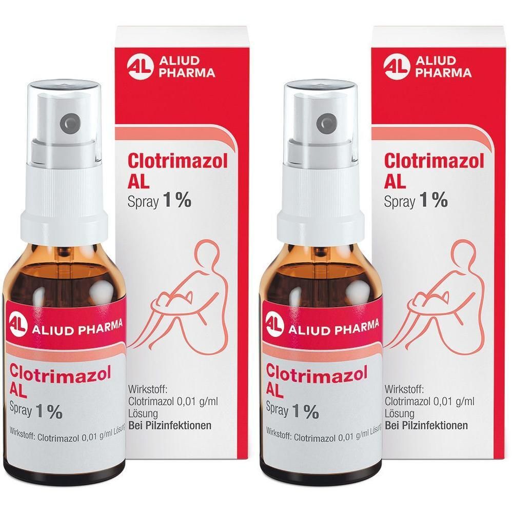 Zwei Flaschen Clotrimazol AL Spray 1% mit Umverpackungen. Braune Glasflaschen mit weißem Sprühkopf.