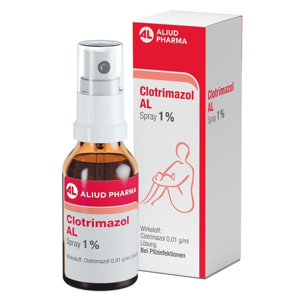 Eine Flasche Clotrimazol AL Spray 1% mit Umverpackung. Braune Glasflasche mit weißem Sprühkopf.