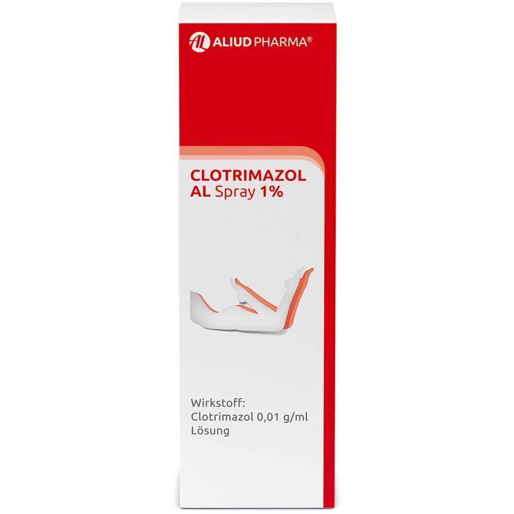 Umverpackung für Clotrimazol AL Spray 1%. Rote und weiße Kartonbox mit Produktinformationen.