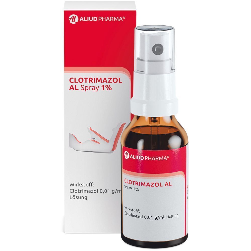 Eine Flasche Clotrimazol AL Spray 1% neben der Umverpackung. Braune Glasflasche mit weißem Sprühkopf.