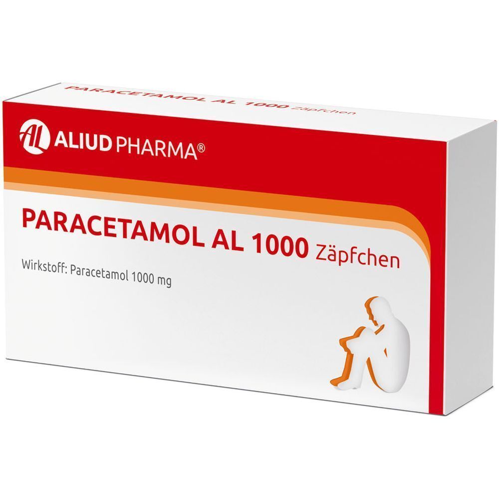 Packung Paracetamol AL 1000 Zäpfchen. Rote Verpackung mit weißer Schrift und einem stilisierten Menschen.