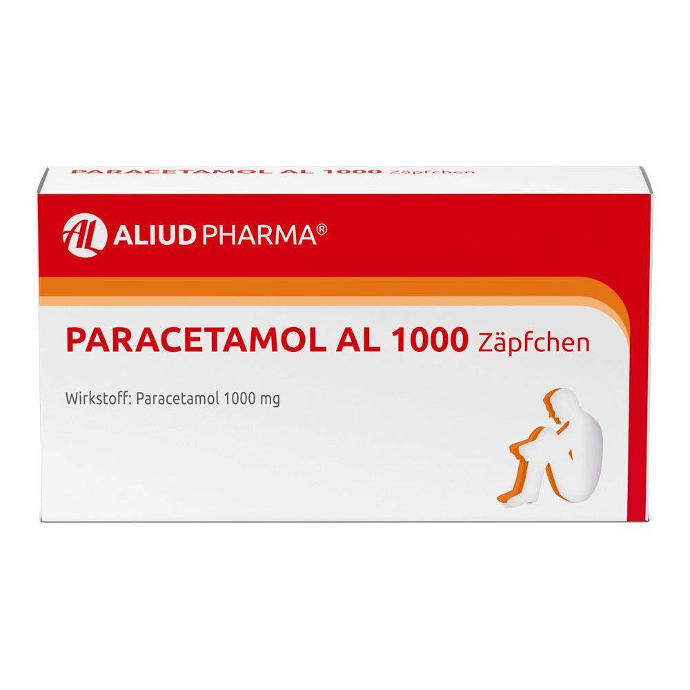 Packung Paracetamol AL 1000 Zäpfchen. Rote Verpackung mit weißer Schrift und einem stilisierten Menschen.