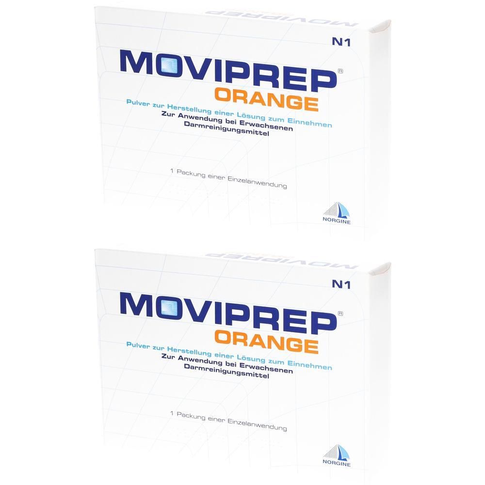 Zwei Packungen MOVIPREP ORANGE Pulver zur Herstellung einer Lösung. Text: Darmreinigungsmittel.