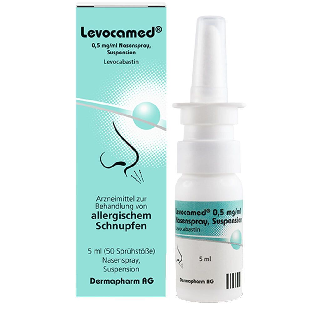 Packung und Flasche Levocamed Nasenspray 0,5 mg/ml Suspension. Flasche mit Applikator.