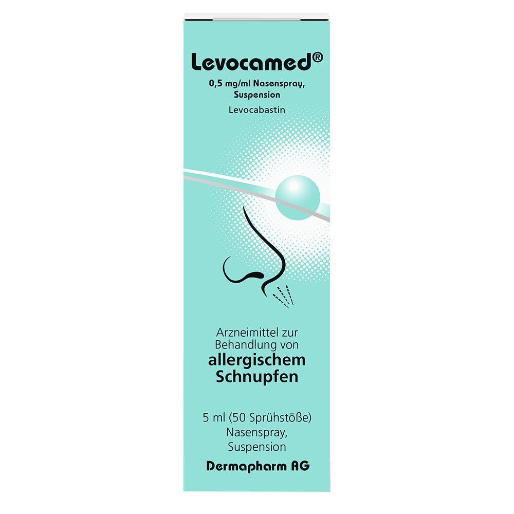 Packung Levocamed Nasenspray 0,5 mg/ml Suspension mit Abbildung einer Nase und Text.