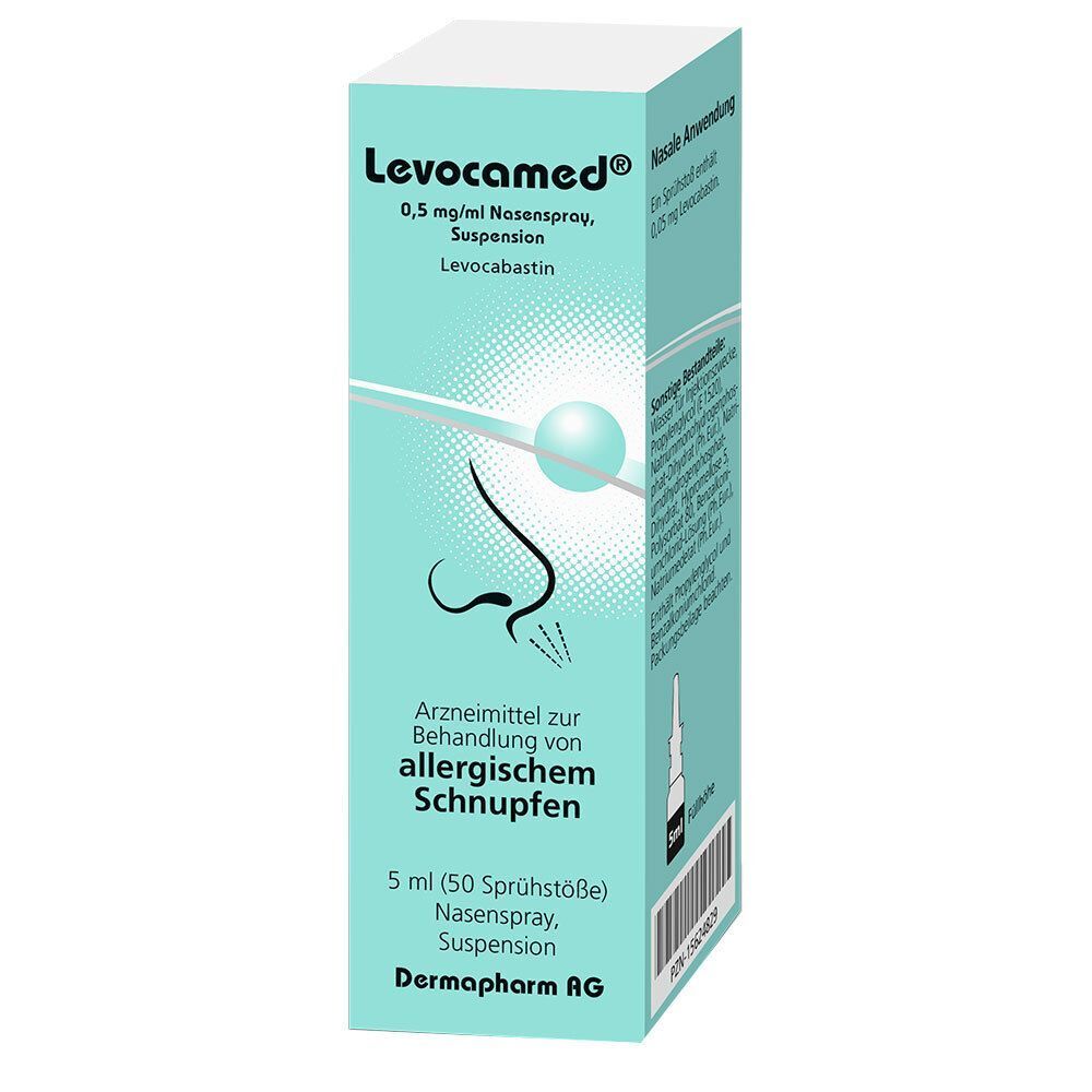 Packung Levocamed Nasenspray 0,5 mg/ml Suspension, Seitenansicht mit Text.