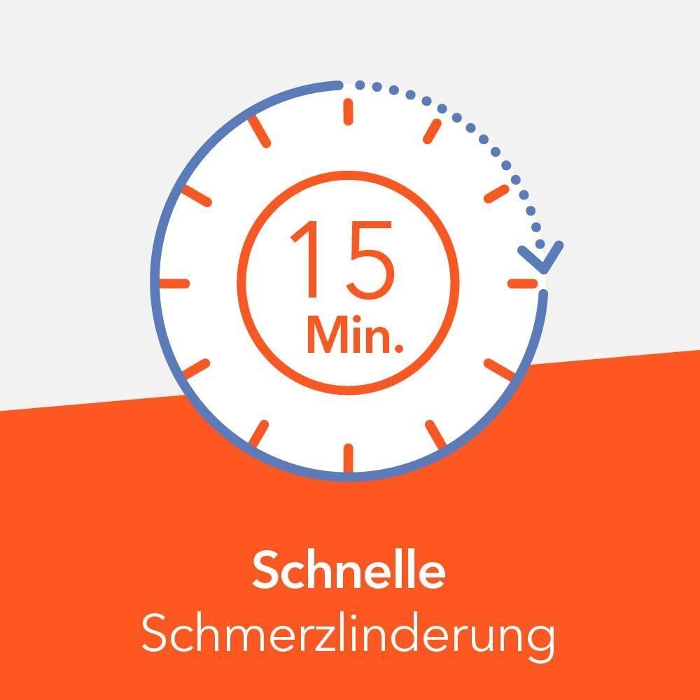 Uhr-Symbol zeigt 15 Minuten für schnelle Schmerzlinderung.