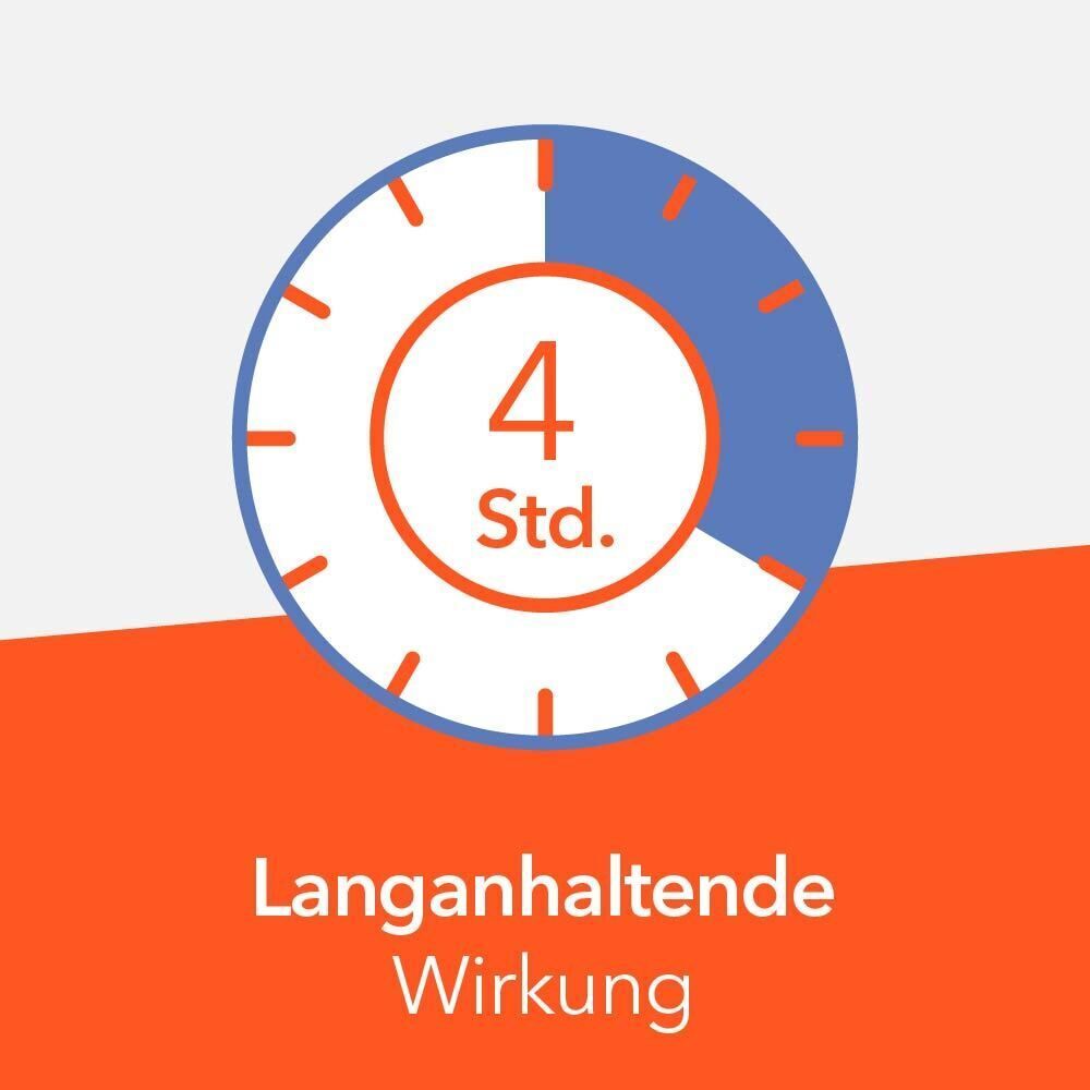 Uhr-Symbol zeigt 4 Stunden für langanhaltende Wirkung.