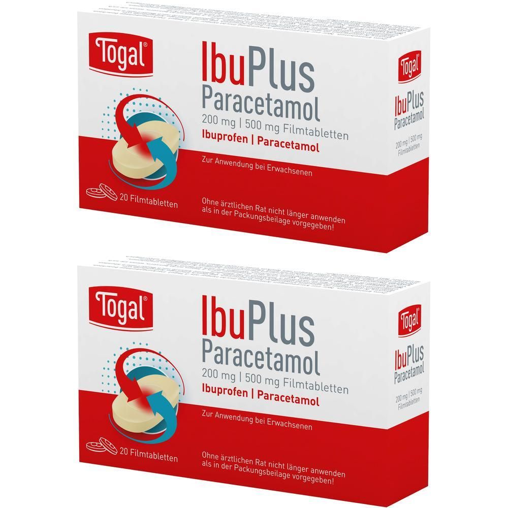 Zwei Packungen TOGAL IbuPlus Paracetamol 200 mg/500 mg Filmtabletten, 20 Stück.