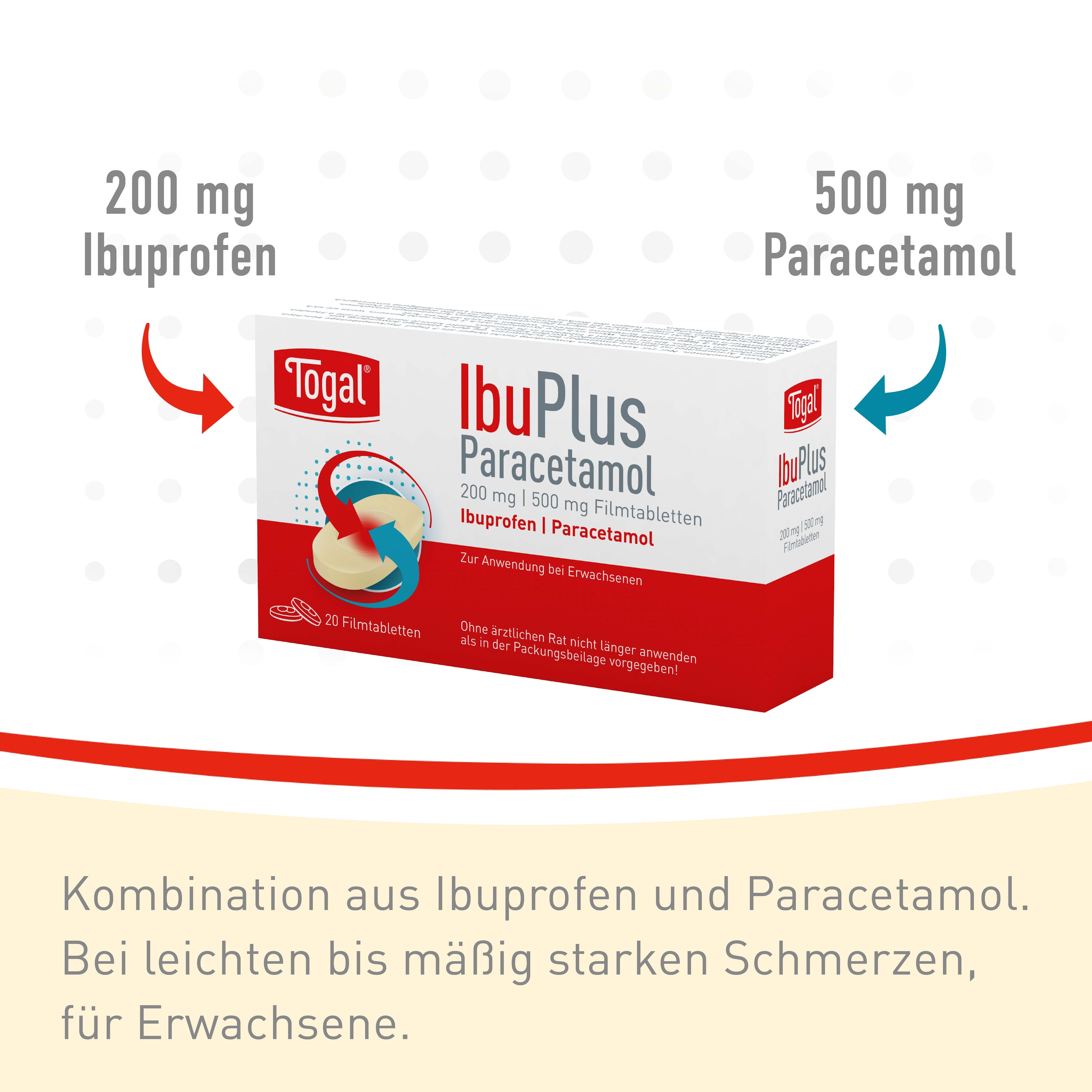 TOGAL IbuPlus Paracetamol 200 mg/500 mg Filmtabletten, 20 Stück. Kombination aus Ibuprofen und Paracetamol.