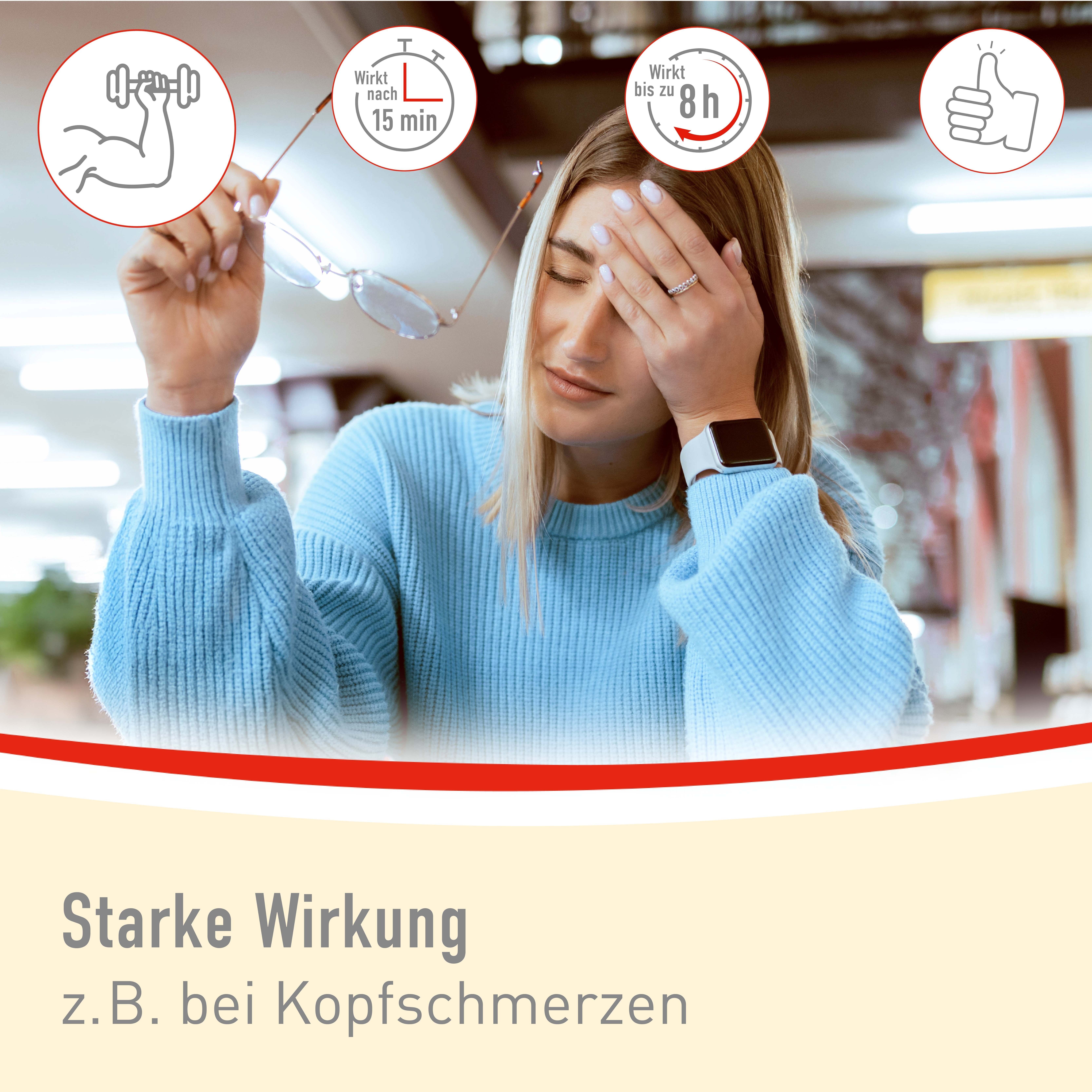 Frau mit Kopfschmerzen, hält Brille. Symbole: Stark, wirkt nach 15 Min., wirkt bis zu 8h, gut verträglich.