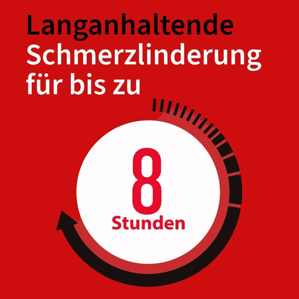 Symbol einer Uhr mit der Zahl 8 und Text: Langanhaltende Schmerzlinderung für bis zu 8 Stunden.