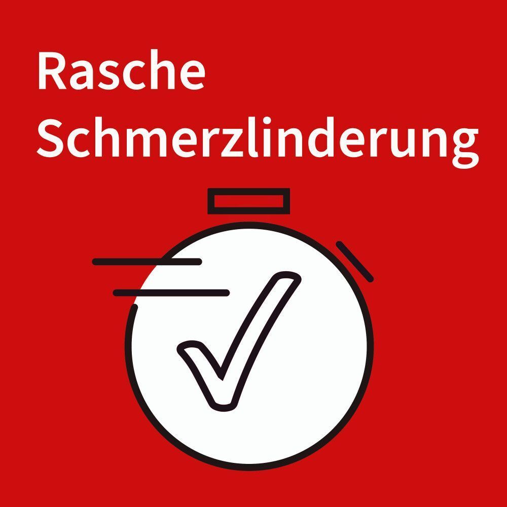 Symbol einer Stoppuhr mit Häkchen und Text: Rasche Schmerzlinderung.