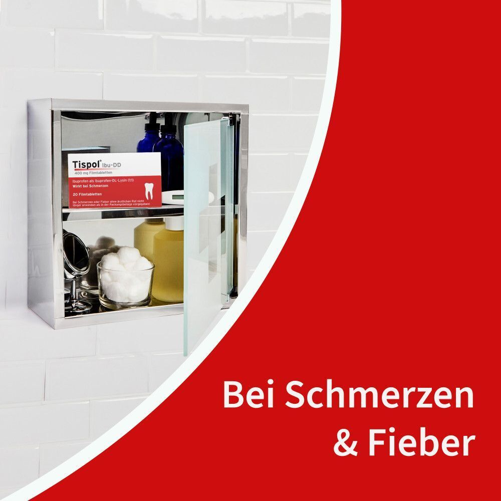 Packung Tispols Ibu-DD in einem offenen Medizinschrank.