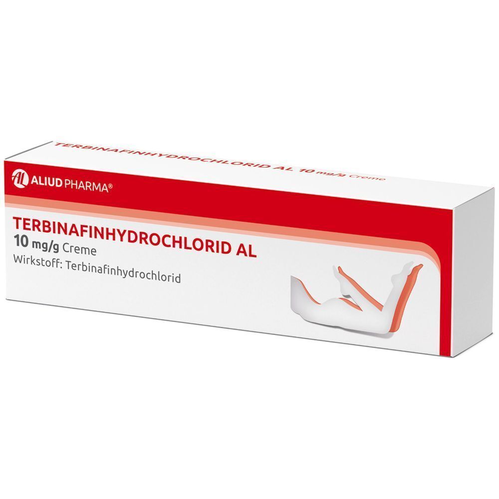 Packung Terbinafinhydrochlorid AL 10 mg/g Creme bei Fußpilz.