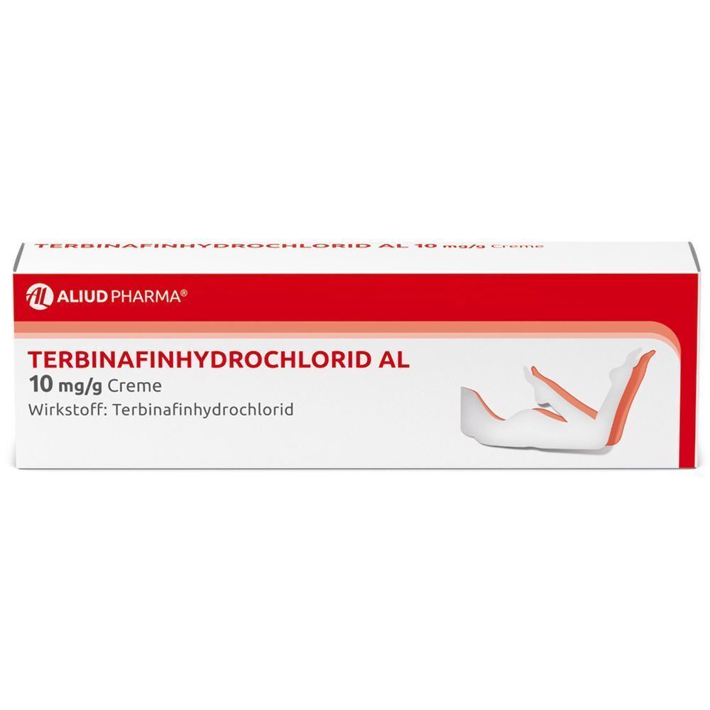 Packung Terbinafinhydrochlorid AL 10 mg/g Creme bei Fußpilz.