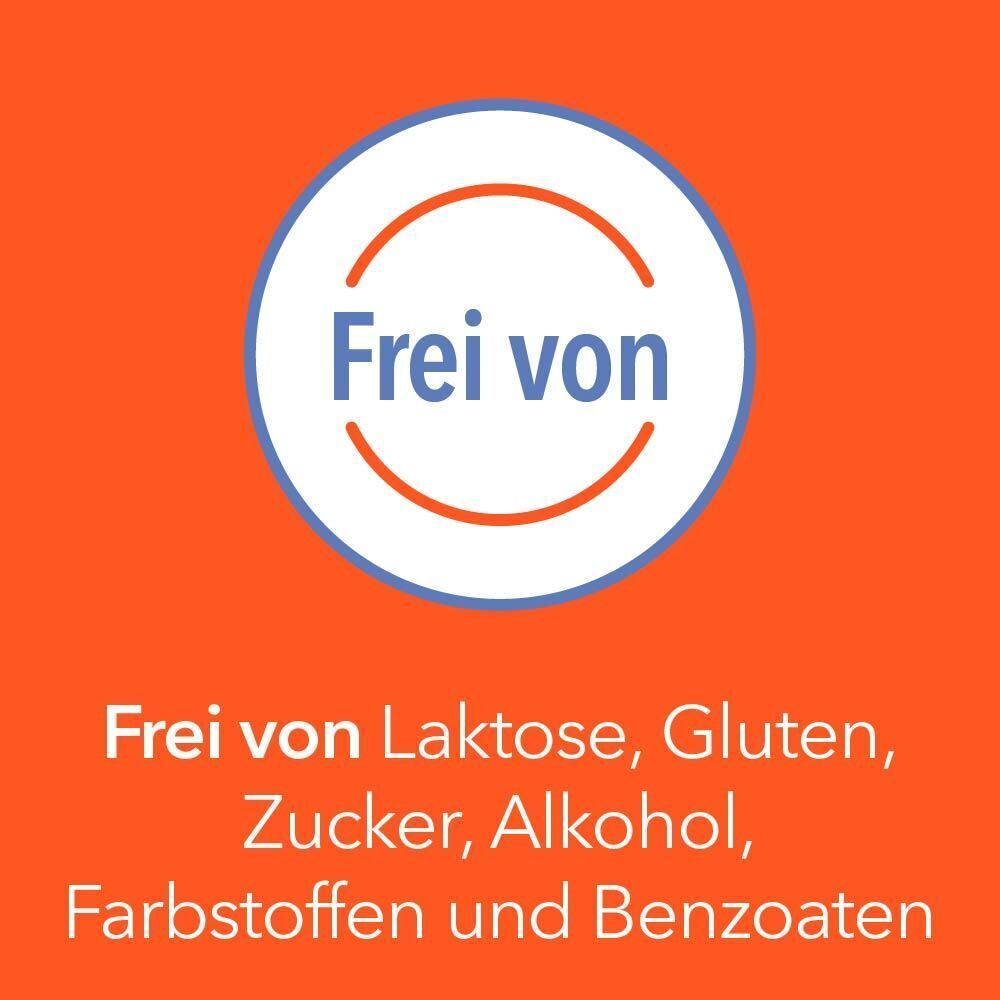 Symbol: Kreis mit Text. Frei von Laktose, Gluten, Zucker, Alkohol, Farbstoffen, Benzoaten.