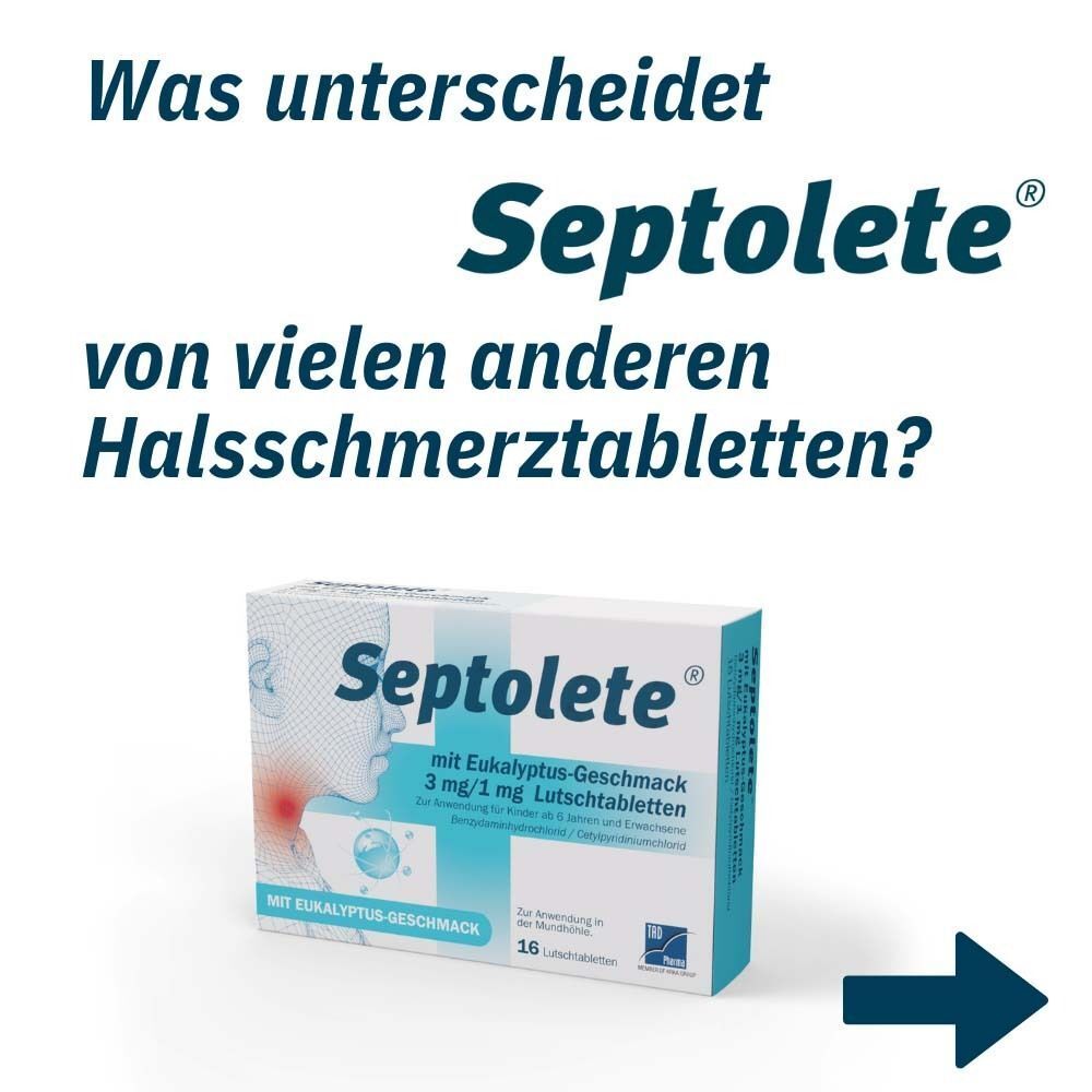 Septolete® Lutschtabletten mit Eukalyptus-Geschmack, 16 Stück, im Karton.
