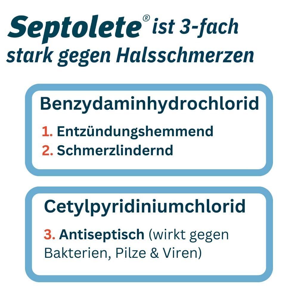 Septolete®: Benzydaminhydrochlorid (entzündungshemmend, schmerzlindernd), Cetylpyridiniumchlorid (antiseptisch).