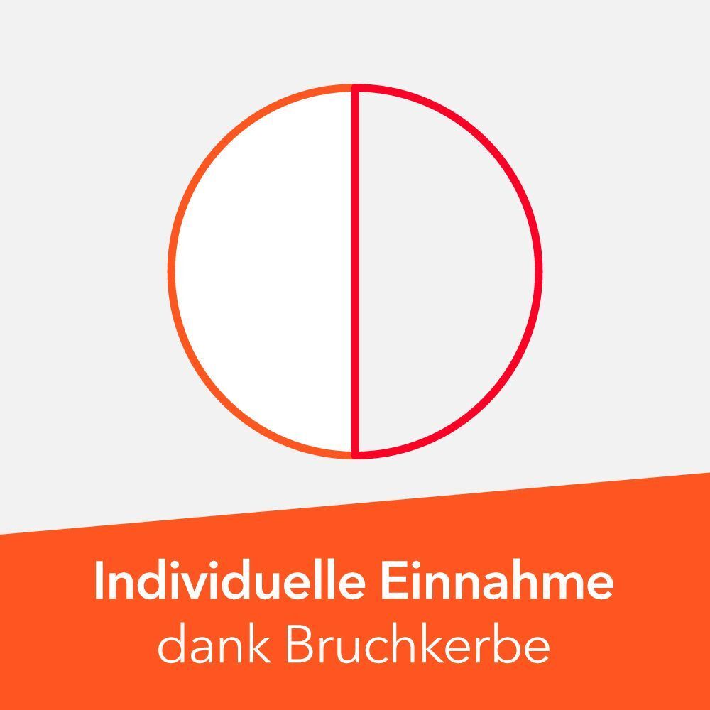 Stilisierte Darstellung einer runden Tablette, geteilt durch eine Linie. Text: Individuelle Einnahme dank Bruchkerbe.