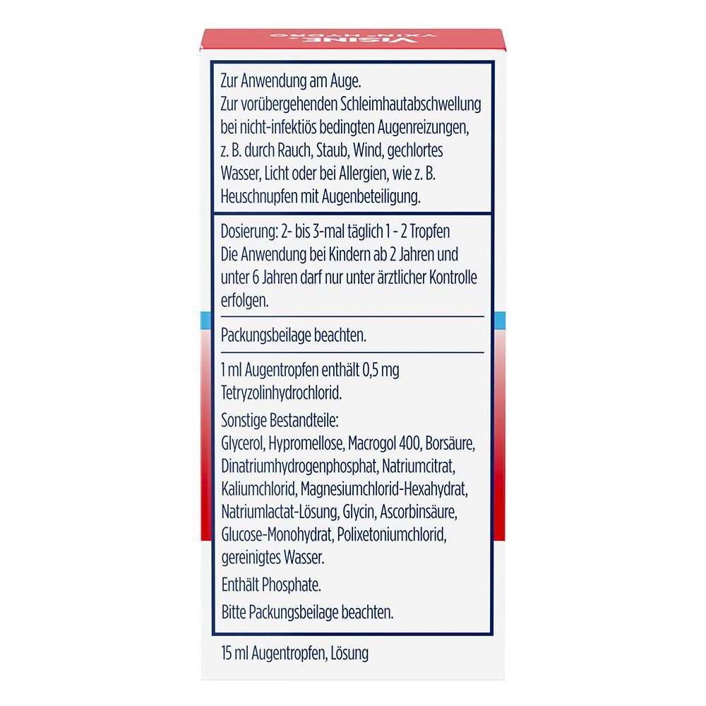 Rückseite einer Packung VISINE YXIN® HYDRO Augentropfen mit Anwendungshinweisen und Inhaltsstoffen.