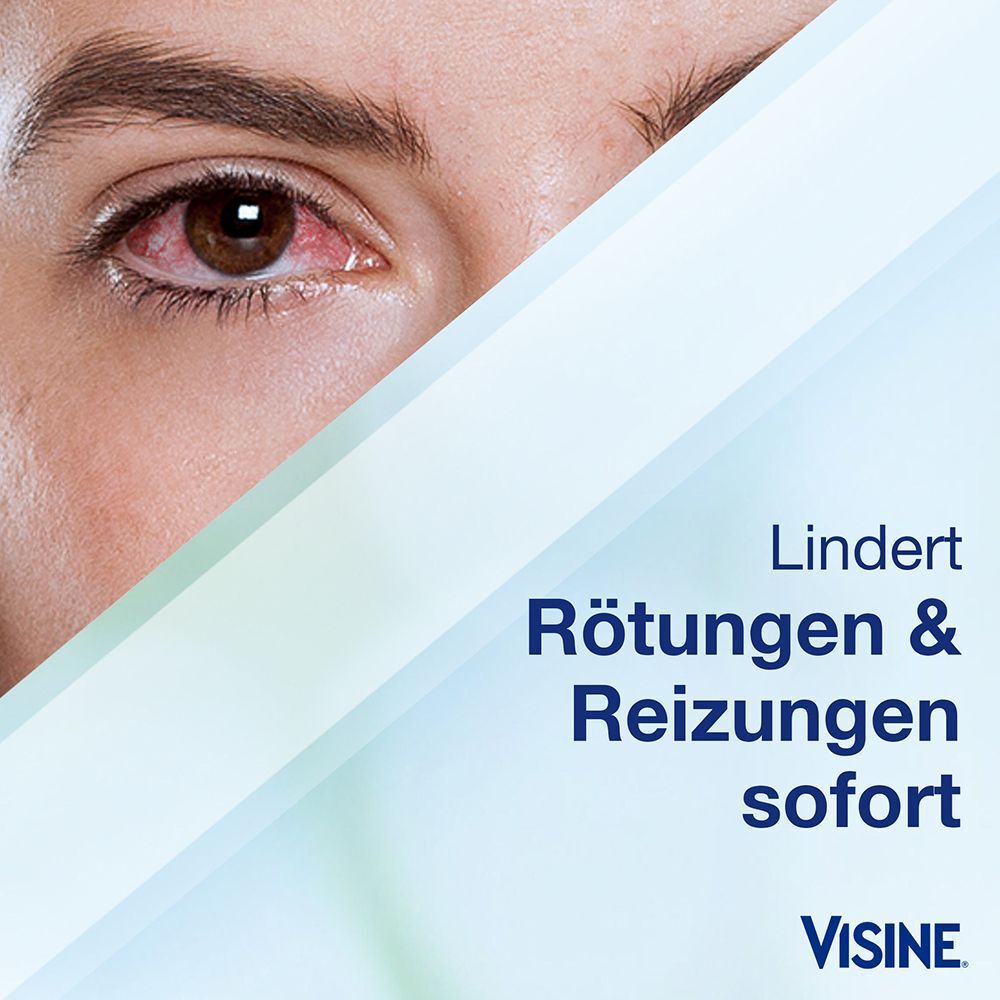 Nahaufnahme eines gereizten, roten Auges mit Text 'Lindert Rötungen & Reizungen sofort'.
