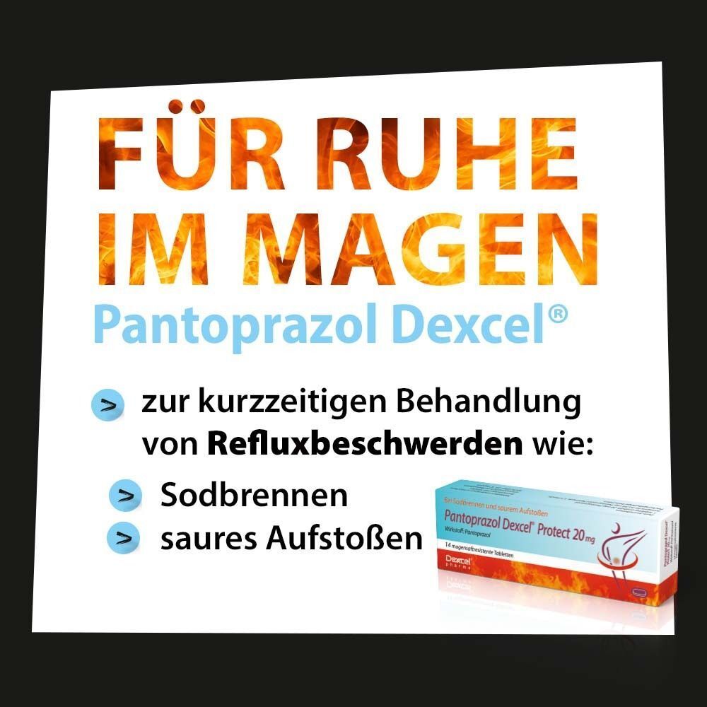 Pantoprazol Dexcel Protect 20 mg: Zur kurzzeitigen Behandlung von Refluxbeschwerden wie Sodbrennen.