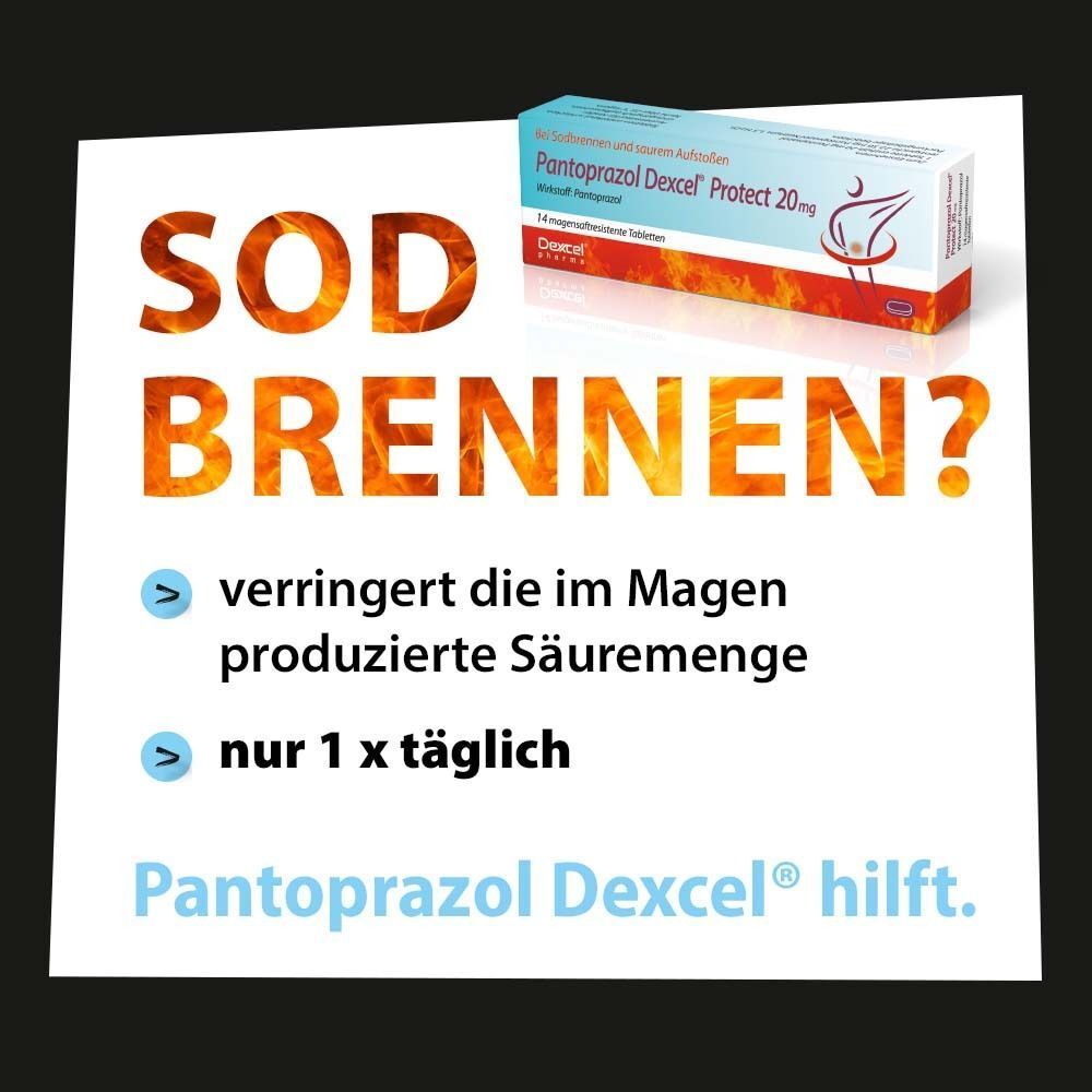 Pantoprazol Dexcel Protect 20 mg hilft bei Sodbrennen, indem es die Säureproduktion im Magen reduziert.