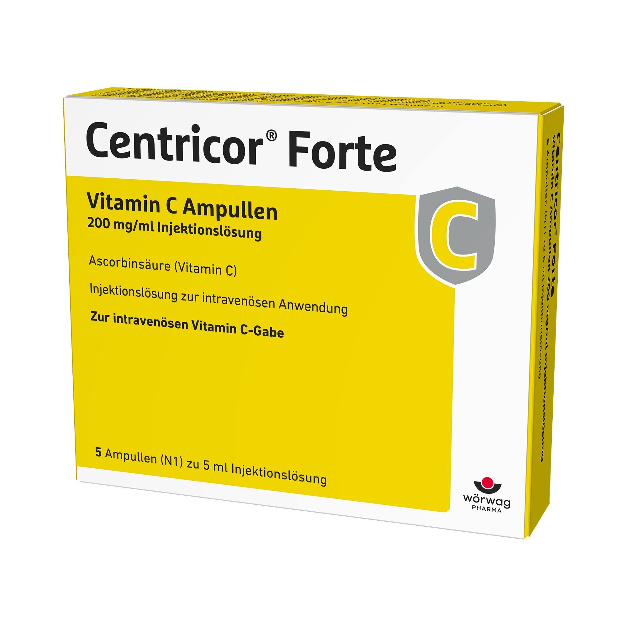 Packung Centricor Forte Vitamin C Ampullen 200 mg/ml Injektionslösung.