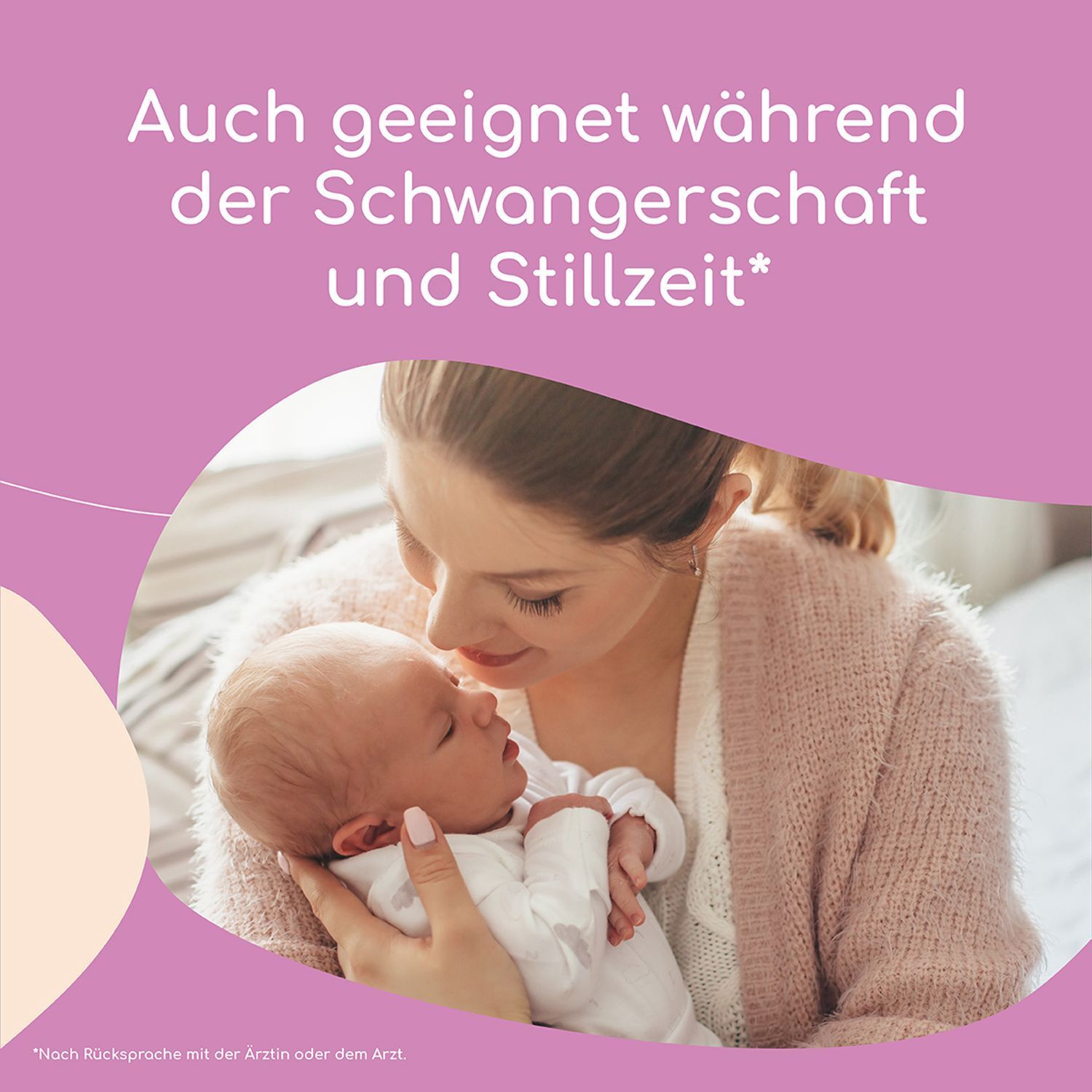 Geeignet während Schwangerschaft und Stillzeit. Mutter mit Baby.
