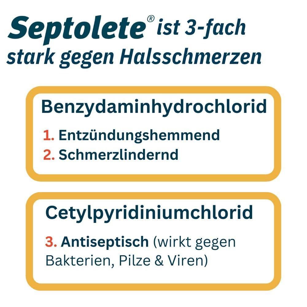 Septolete wirkt 3-fach gegen Halsschmerzen: entzündungshemmend, schmerzlindernd, antiseptisch.