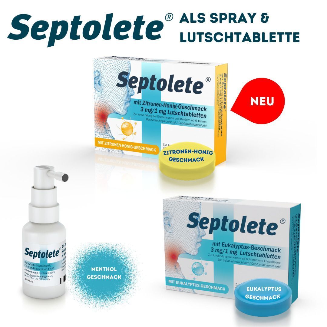 Septolete Lutschtabletten Zitrone-Honig und Septolete Spray Eukalyptus, neu.
