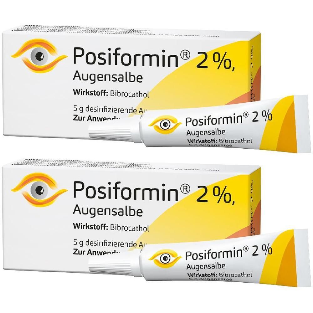 Zwei Packungen Posiformin 2% Augensalbe mit je einer Tube. Die Verpackung zeigt ein stilisiertes Auge.