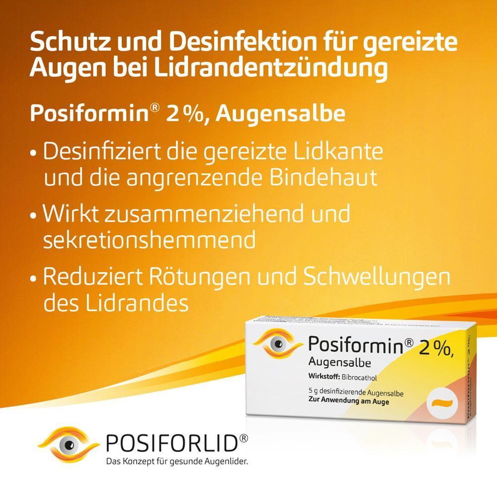 Informationen zu Posiformin 2% Augensalbe: Schutz und Desinfektion für gereizte Augen und Lidrandentzündung. Eine Packung und Tube sind abgebildet.