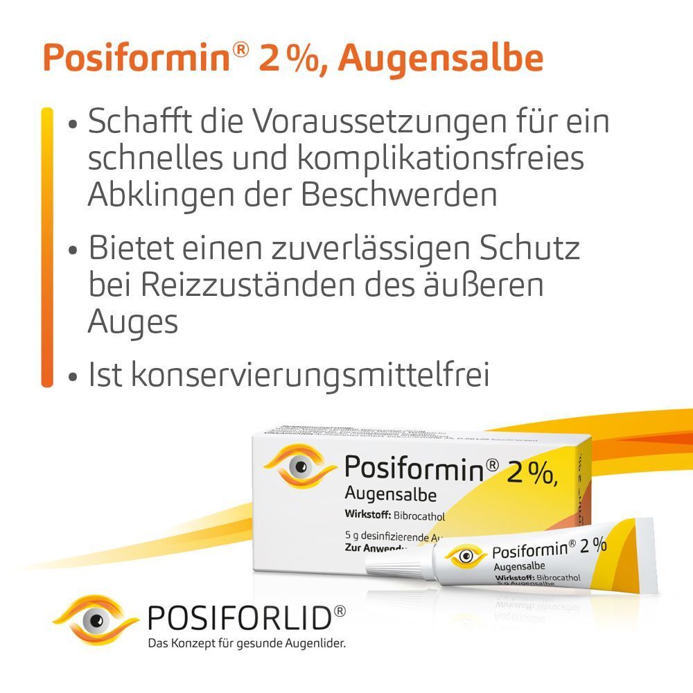Vorteile von Posiformin 2% Augensalbe: schnelle Linderung, zuverlässiger Schutz, konservierungsmittelfrei. Packung und Tube sind sichtbar.