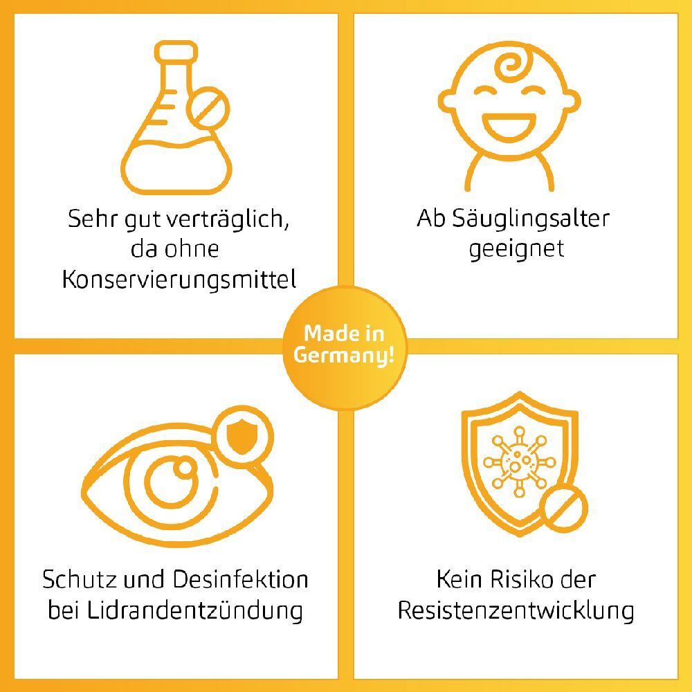 Vier Symbole: Gut verträglich ohne Konservierungsmittel, ab Säuglingsalter geeignet, Schutz bei Lidrandentzündung, kein Resistenzrisiko. Made in Germany.