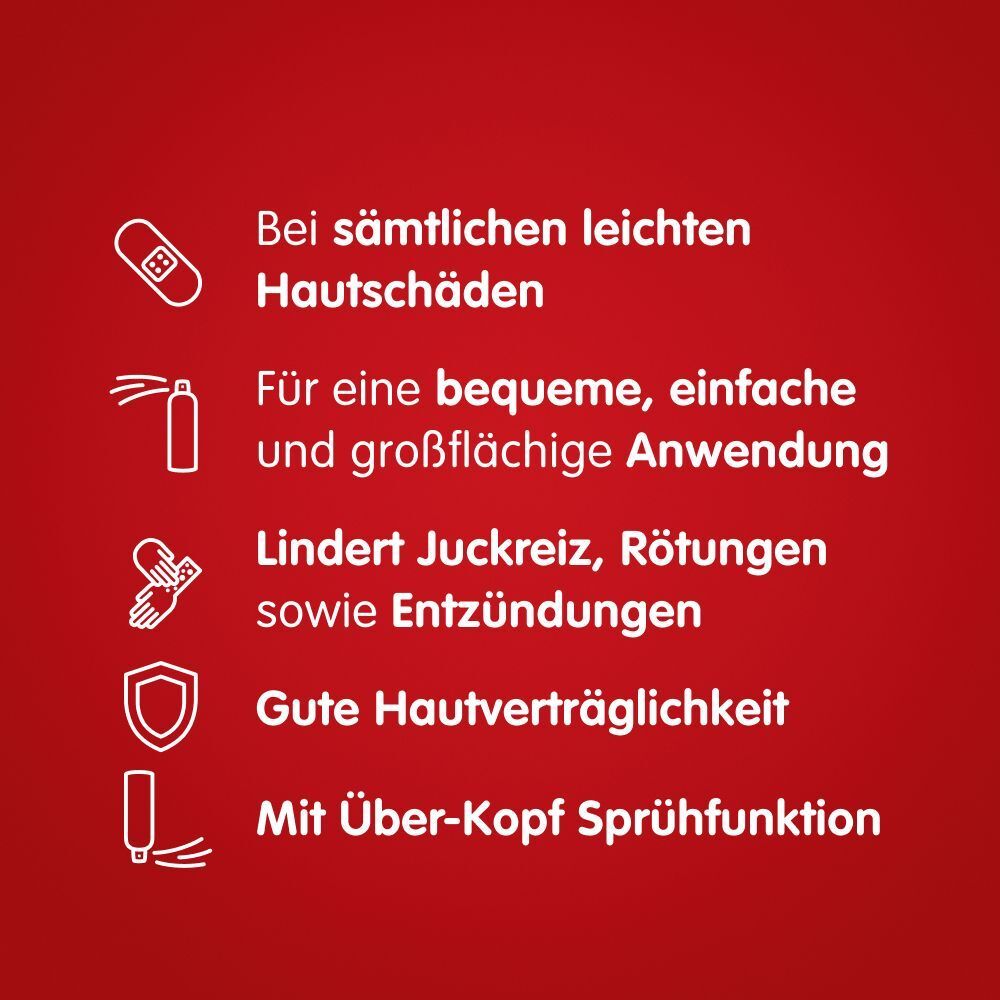 Liste mit Symbolen: Pflaster, Sprühflasche, Hände, Schild, Sprühkopf.